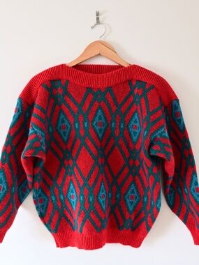Vintage Nordic Knit Bright Red & Teal Diamond Pattern Wool Sweater Size Small